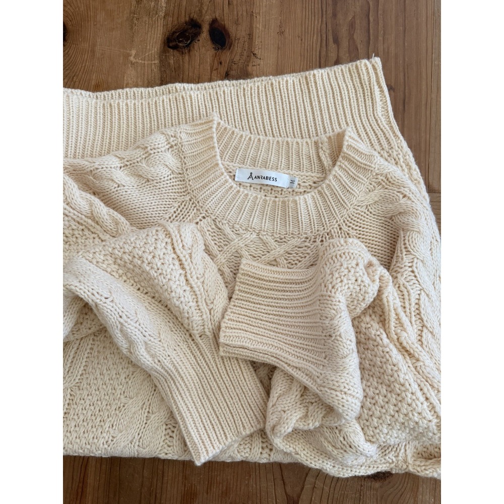 ANRABESS Cable Knit Sweater Long Sleeve Crew Neck Beige Size M
